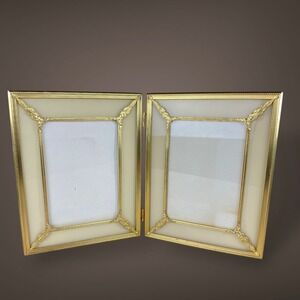 Gold Hinged Double Photo Frame Vintage Flocked Velvet Back 5x7